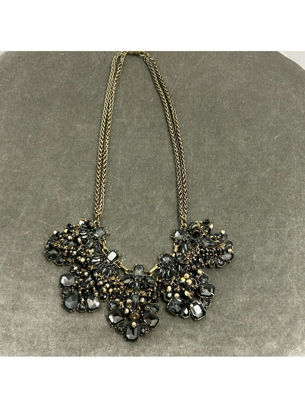 Banana Republic beaded jewel bib necklace gold-tone chain and dark gray stones